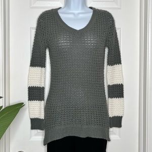 Gray and white striped waffle knit sweater